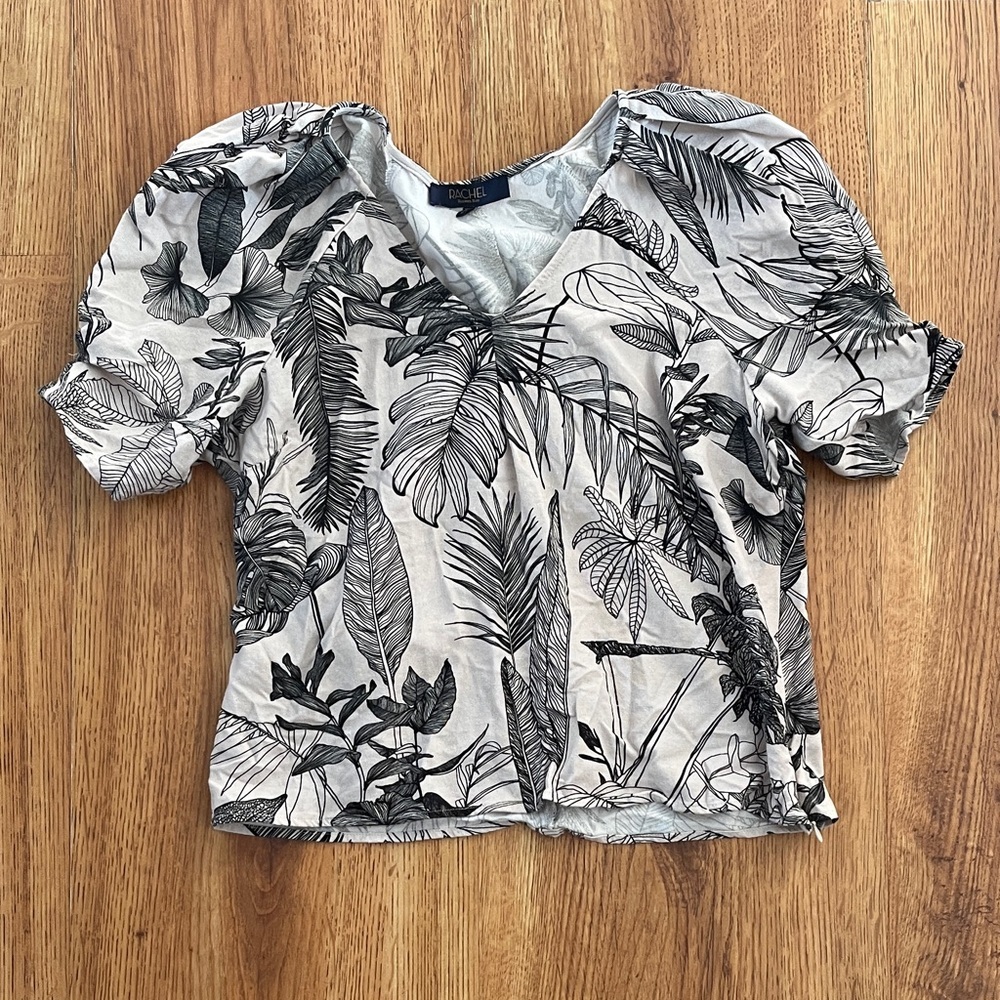 Floral Print V-Neck Puff Sleeve Top Rachel Roy Viscose & Linen Blend Office Chic